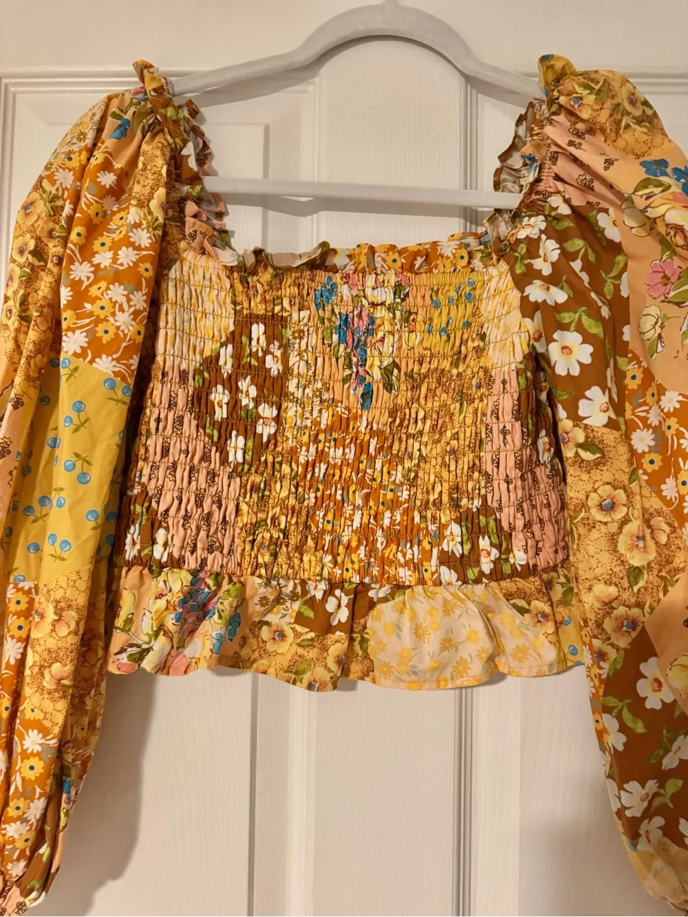Spell & The Gypsy Freda Shirred Blouse Amber Patchwork Crop Top S